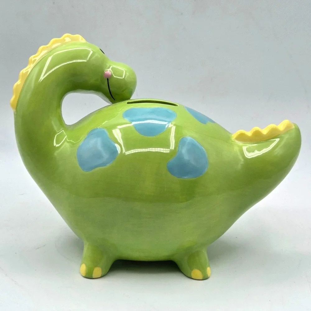 Long Neck Dinosaur Kids Coin Bank Lime Green  & Blue Removable Stopper